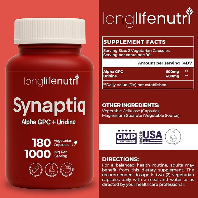 LongLifeNutri Grapefruit Seed Extract 500 mg + Synaptiq (Alpha GPC + Uridine Monophosphate 1000 mg) Bundle - 180 + 180 Capsules Focus &amp Productivity Energy &amp Balance GMP Certified Made in