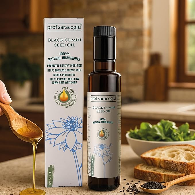 Prof Saracoglu Premium Black Seed Oil Cold Pressed Glass Bottle- Turkish Nigella Sativa- Unrefined &amp Solvent Free Liquid Black Cumin for Hair Skin &amp Immune Support Non-GMO Mild Taste- 8.45