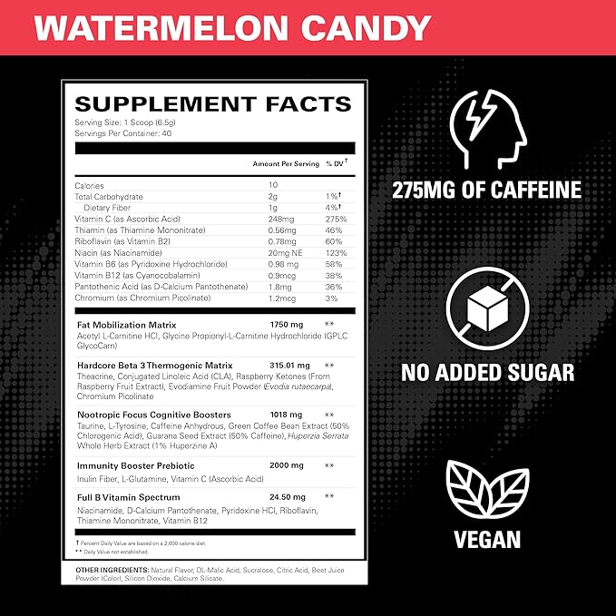 EHP Labs OxyShred Hardcore Super Dosed Pre Workout Powder - Preworkout Powder with L Glutamine &amp Acetyl L Carnitine Energy Boost Drink - 275mg of Caffeine - Watermelon Candy 40 Servings
