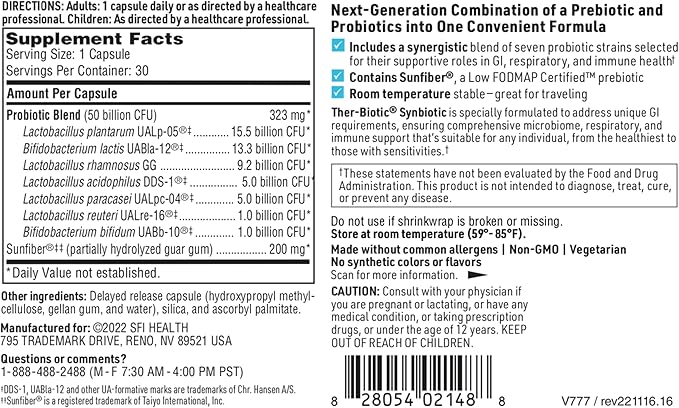 Klaire Labs SFI Health Ther-Biotic Synbiotic - Prebiotics and Probiotics for Women &amp Men - 50 Billion CFU Probiotic Capsules with Sunfiber - Digestive Health and Immune Support (30 ct)