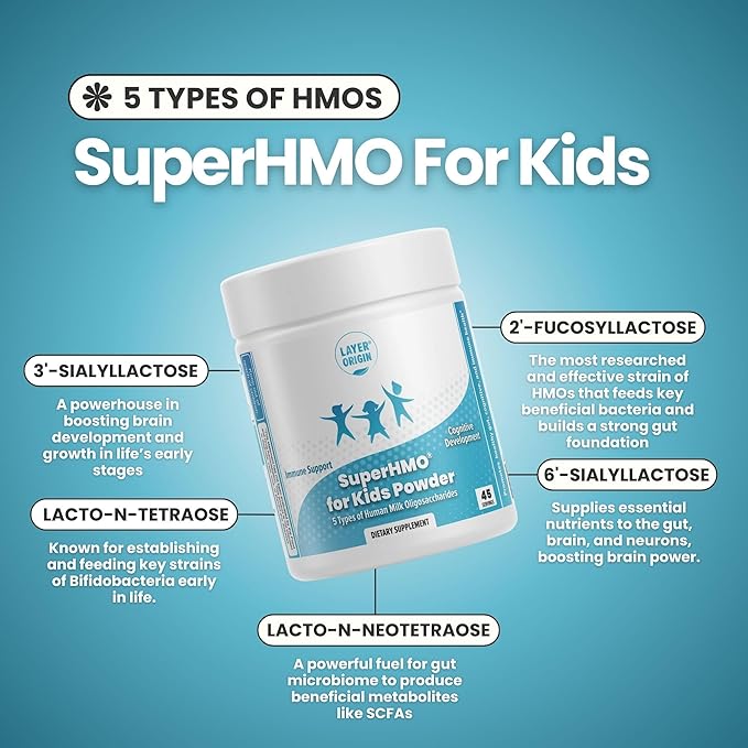 SuperHMO Prebiotic Mix for Kids - 5 HMOs for Gut Digestion and Cognitive Health Powder 45 Servings