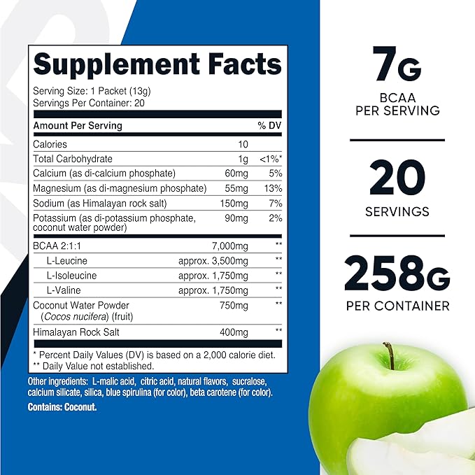 Nutricost BCAA+ Hydration Green Apple Flavored (20 Stickpacks) - Branched Chain Amino Acids with Hydration Complex - Gluten-Free Non-GMO