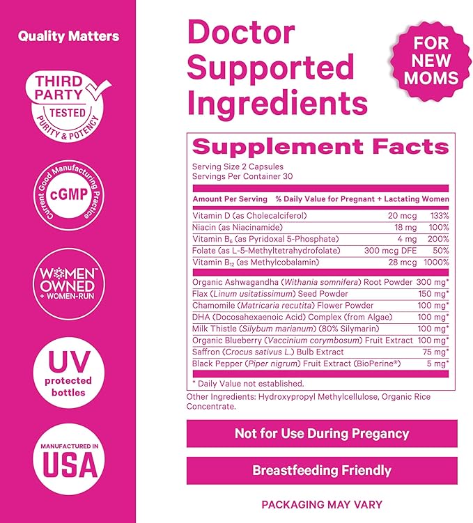 Pink Stork Postpartum Mood Support - Postnatal Hormone Balance for Women - Breastfeeding Friendly New Mom Essentials - Ashwagandha Chamomile &amp Vitamin D - Stress &amp Mood 60 Capsules