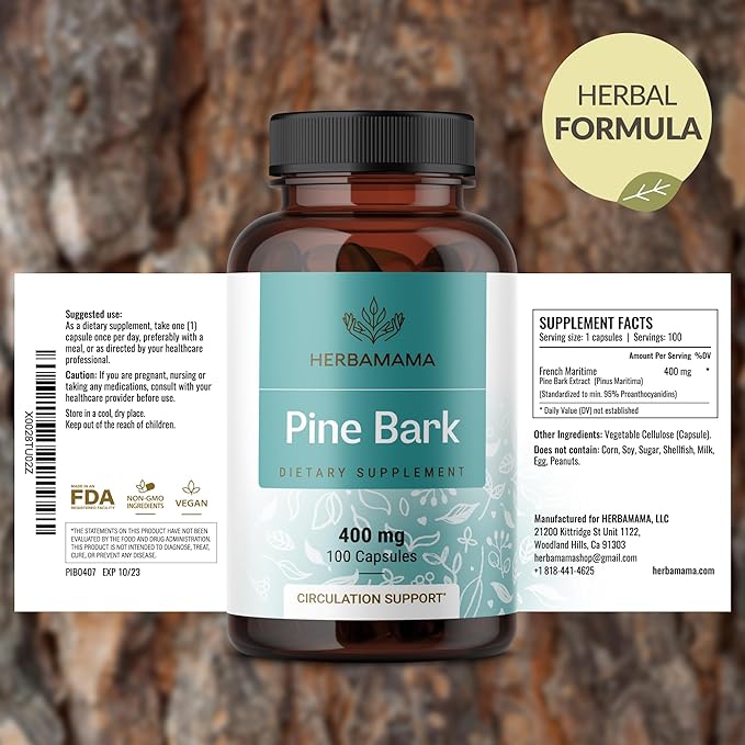 HERBAMAMA Pine Bark Extract Capsules - 400mg French Maritime Pine Bark Extract Powder for Antioxidant Support - Vegan Non-GMO Pinus Pinaster Supplement