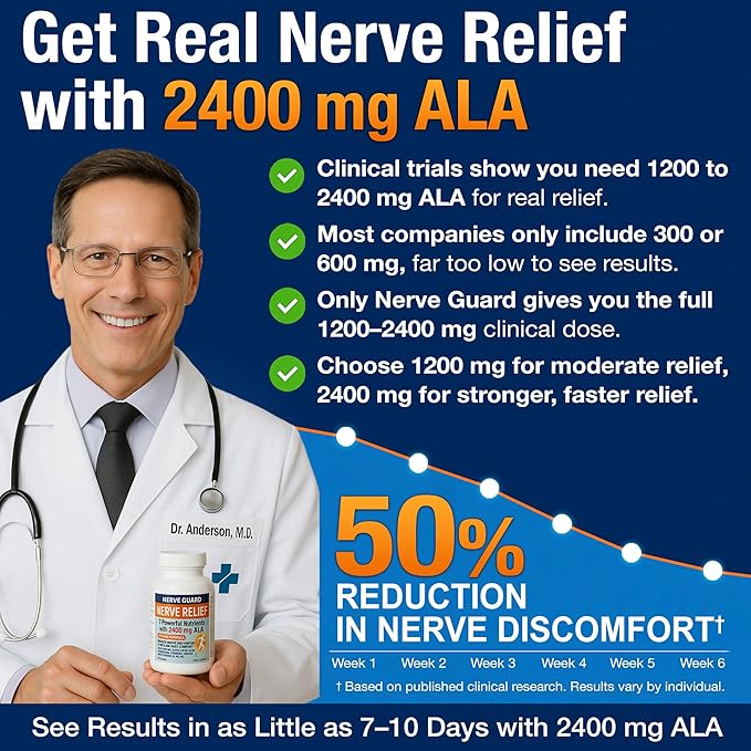 Neuropathy Support Supplement with 2400 mg Alpha Lipoic Acid to Reduce Nerve Discomfort in Feet Hands Toes – Max Strength 2400mg ALA Vitamins B12 B6 &amp B1 Magnesium Turmeric – 60 Capsules