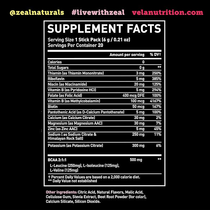 Zeal Naturals Enhanced Electrolyte Powder Stick Packs (Pink Lemonade - 20 Packets) Sugar Free + BCAA B-Vitamins &amp Pink Himalayan Salt - Keto Electrolytes Hydration Powder