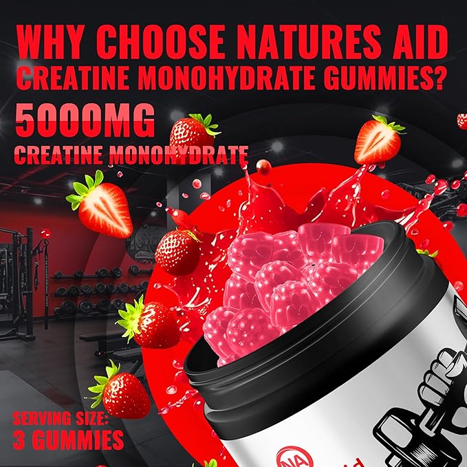 Natures Aid NSF Certified Creatine Gummy 5g - Creatine Monohydrate Gummies – Pre-Workout Energy &amp Muscle Growth Support for Men &amp Women | Strawberry Electrolyte Gummies (135 Count)