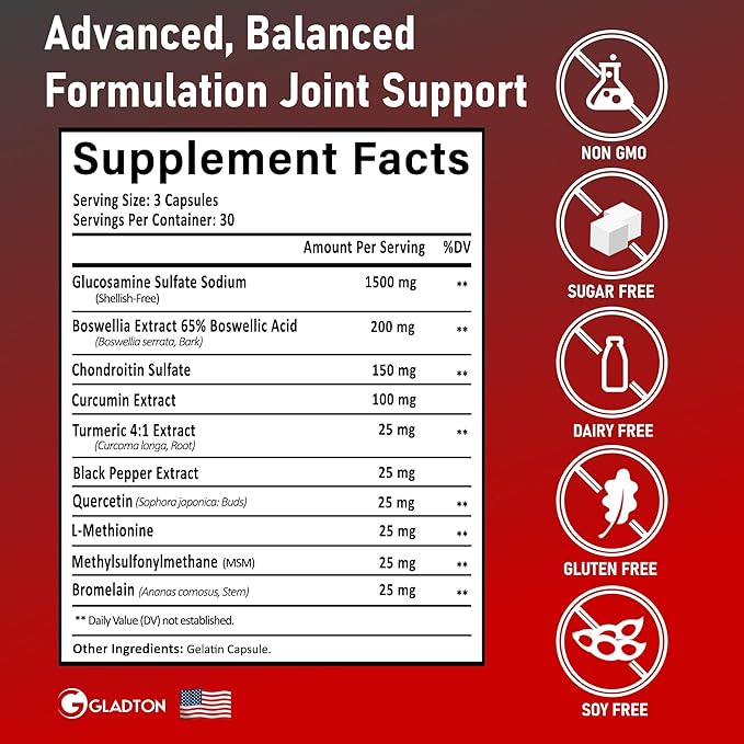 Glucosamine Chondroitin MSM Curcumin Turmeric Boswellia - Joint Support Supplement for Bone Back Knee Hand Flexibility Mobility - Joint Health Supplement for Women &amp Men - 90 Capsules
