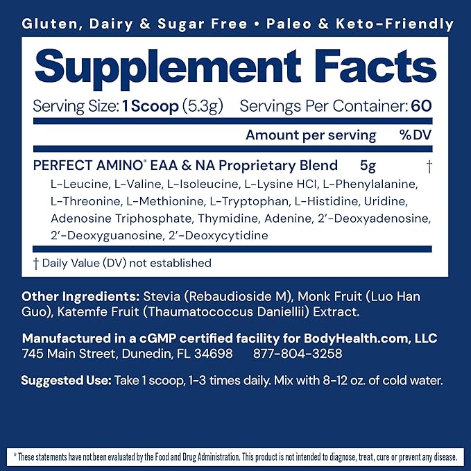 BodyHealth PerfectAmino - BCAA and EAA Powder for Pre and Post Workout - Amino Acid Energy Drink for Men and Women to Support Lean Muscle and Recovery - Unflavored (Lightly Sweetened) - 60 Servings