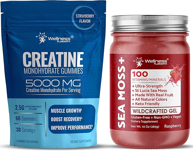 WELLNESS LABSRX Irish Sea Moss Gel Raspberry Flavor - Creatine Gummies 5000mg | Bundle