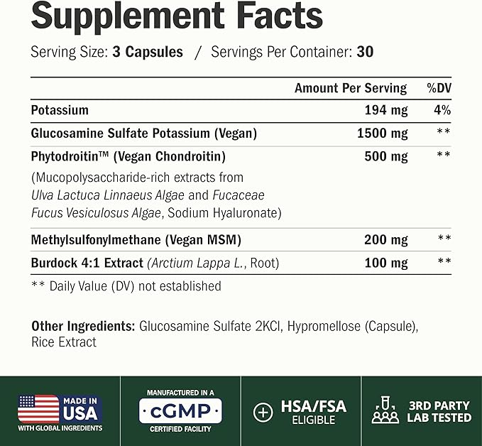 Glucosamine Chondroitin MSM – Joint Support Supplement for Women and Men with Glucosamine Sulfate 1500 mg Chondroitin and MSM – for Cartilage Joint Health and Flexibility – 180 Capsules Vegan
