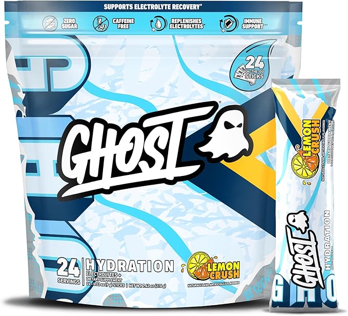 GHOST Hydration Packets Lemon Crush 24 Sticks Electrolyte Powder - Drink Mix Supplement with Magnesium Potassium Calcium Vitamin C - Vegan Friendly Free of Soy Sugar &amp Gluten