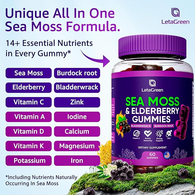 Irish Sea Moss Gummies – Bladderwrack Burdock Root Elderberry Vitamin C &amp Zinc – 60 Vegan Seamoss Gummy Bears for Adults Kids Men Women – Multimineral Elderberry Vitamins