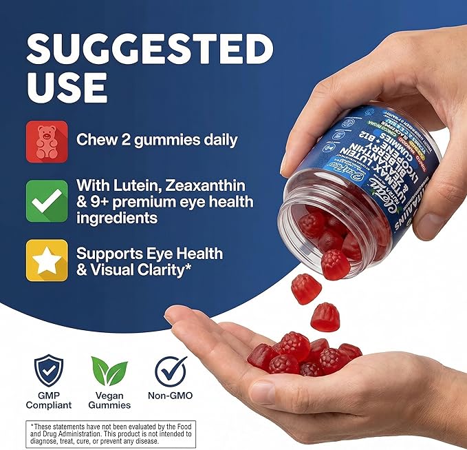 Clean Nutra Lutein and Zeaxanthin Eye Vitamins Gummies + Bilberry for Eyes Vision Support Ginkgo Biloba Marigold Vitamin B12 Flaxseed Black Pepper CoQ10 Vitamin A l 60 Count B OcuFlow