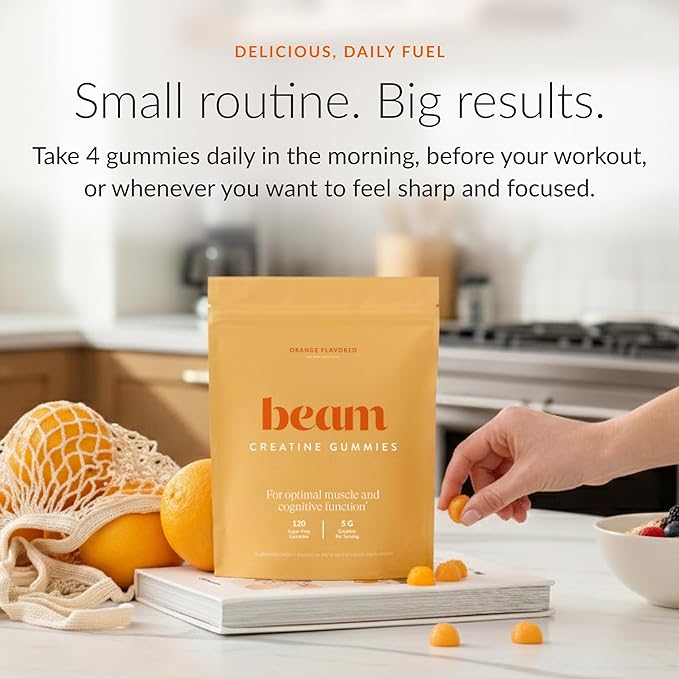 Beam Creatine Gummies – Creatine Monohydrate Gummies with 5g Creatine Sugar Free Muscle Strength &amp Workout Recovery Support Creatine Gummies for Women and Men Orange Flavor Vegan 30 Servings