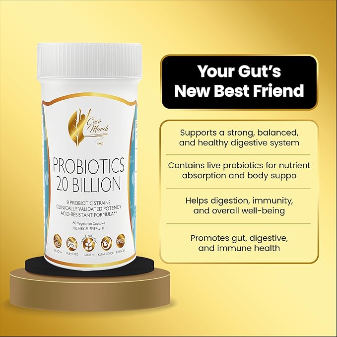 Cocó March N.M.D. Probiotics 20 Billion CFU – Probiotics for Women &amp Men - Gut Health Digestive &amp Immune Support – 9 Probiotic Strains Acid-Resistant Formula - Gluten Free &amp Dairy Free