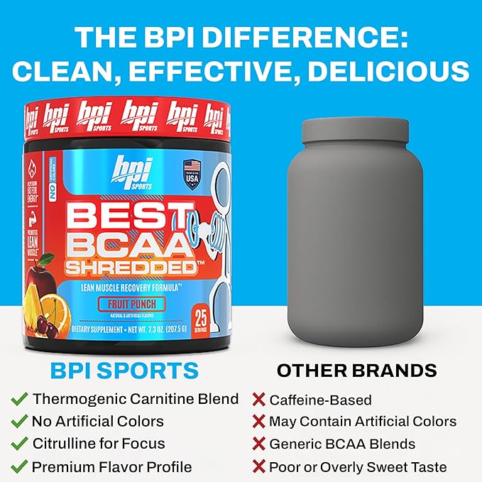 BPI Sports Best BCAA Shredded - Caffeine Free Thermogenic Recovery Drink Lean Muscle Building BCAA Powder for Women and Men Preworkout BCAAs Amino Acids Drink- Fruit Punch - 25 Servings