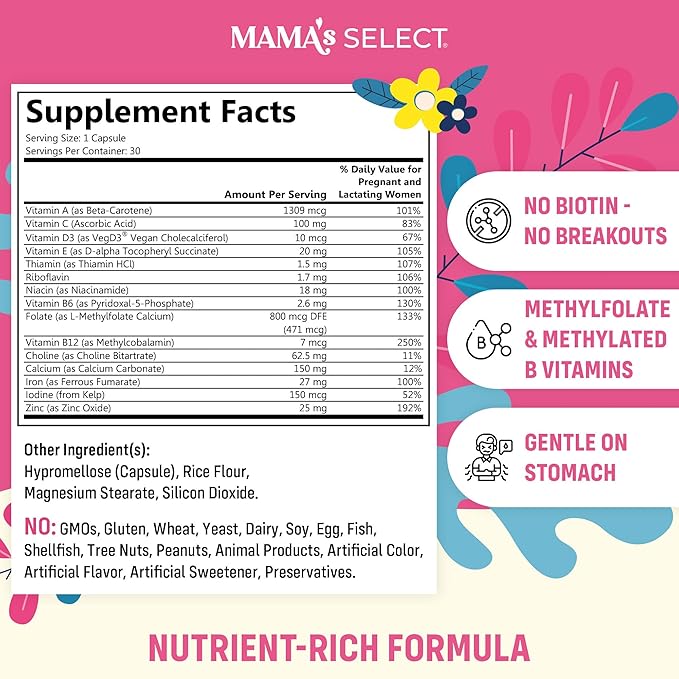 Mama's Select Prenatal Vitamins for Women – Allergen-Free MTHFR Friendly Methylated Folate &amp B Vitamins Easy-to-Digest Supports Fetal Development Once Daily Vegan No Biotin