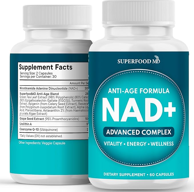 NAD+ Supplement - Liposomal + Resveratrol for Women &amp Men Astaxanthin CoQ10 Alpha Lipoic Acid Green Tea Urolithin - 60 Capsules