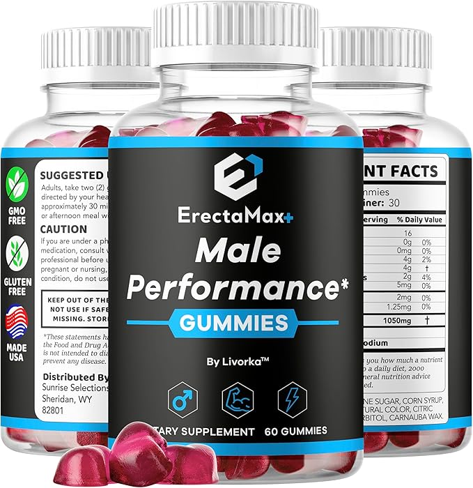 Erecta Max+ Gummies - Official ErectaMax+ Premium Gummys All Natural Advanced Formula for Health &amp Wellness Daily ErectaMaxPlus Supplement Support Vitamins Gomitas 60 Gummies for 1 Month