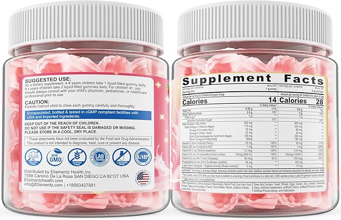 Kids Omega 3 DHA Gummies w/Vitamins D3 K2 C B6 Methyl B12 Luetin &amp PS No Fish Burps No Sugar Brain Eye &amp Immune Support Plant-Based Omega-3 from Algae Vegan DHA for Toddlers Childre