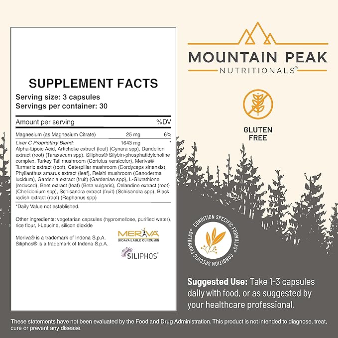 Mountain Peak Nutritionals Liver C - Liver Support &amp Detox Supplement - w/Milk Thistle (Siliphos®) Turmeric and Mushroom Blend - Promotes Healthy Liver Function &amp Energy (90 Vegetarian Capsu