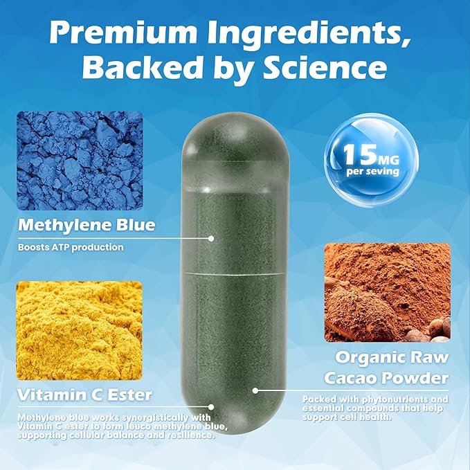 Methylene Blue Capsules — Premium Quality Methylene Blue with Vitamin C Ester Dietary Supplement 60 Easy‑to‑Swallow Capsules