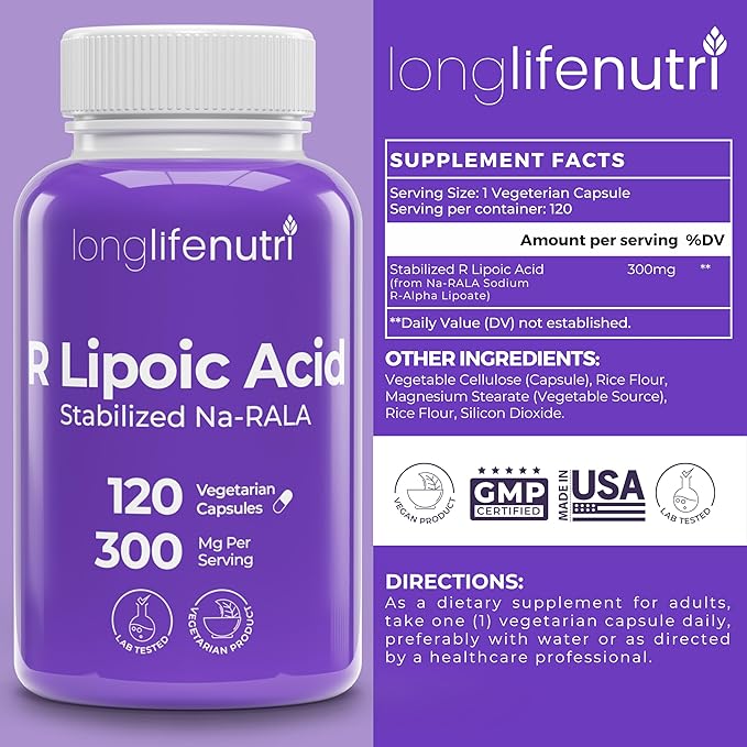 LongLifeNutri R-Alpha Lipoic Acid 300 mg + PQQ 20 mg Bundle - 120-180 Vegetarian Capsules Cellular Energy &amp Metabollic Function Daily Energy &amp Mental Performance GMP Certified Made in USA