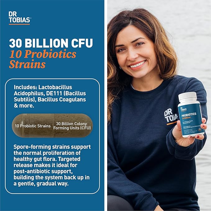Dr. Tobias Probiotics 30 Billion 10 Strains 30 Billion CFU's Targeted Release Probiotics for Women &amp Men Supports Digestive Health Shelf-Stable Non-GMO 60 Capsules 60 Servings