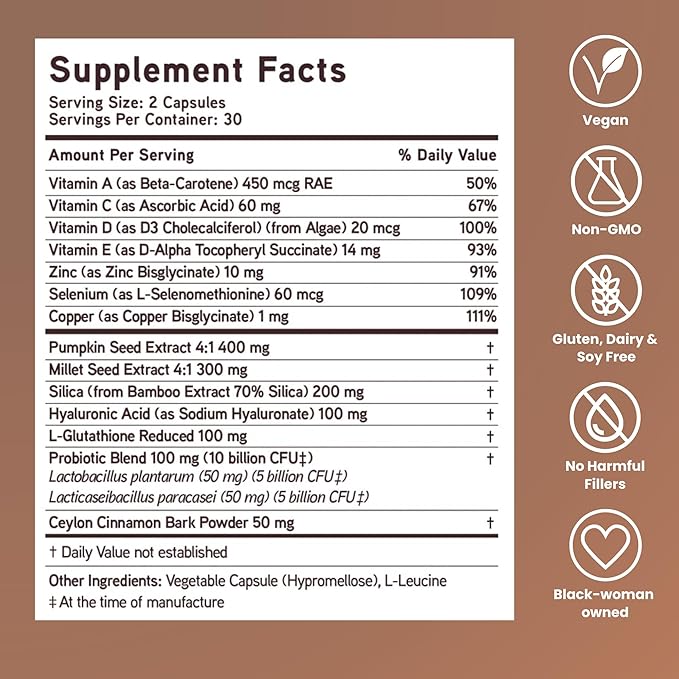 Mela Daily Glow for Healthy Melanin-Rich Skin &amp Textured Hair – with Silica Millet Pumpkin Seed Probiotics Hyaluronic Acid &amp Vitamin D3 – Vegan Biotin-Free Gluten &amp Soy-Free – 60 Cou