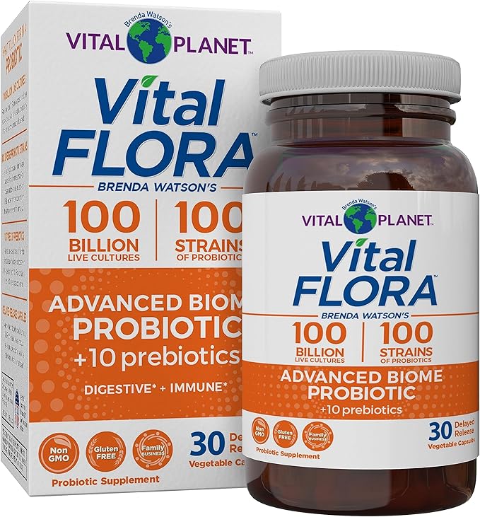 Vital Planet - Vital Flora Advanced Biome Probiotic 100 Billion CFU 100 Diverse Strains 10 Organic Prebiotics Immune Support Colon and Digestive Health Probiotics for Women and Men 30 Capsules
