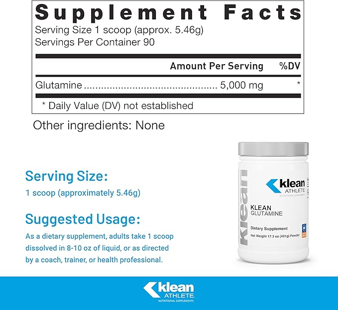 Klean Athlete Klean Glutamine - Immunity Support &amp Gut Health* - Amino Acids Supplement - NSF Certified for Sport - Non-GMO Gluten Free &amp Vegan - 17.3 oz