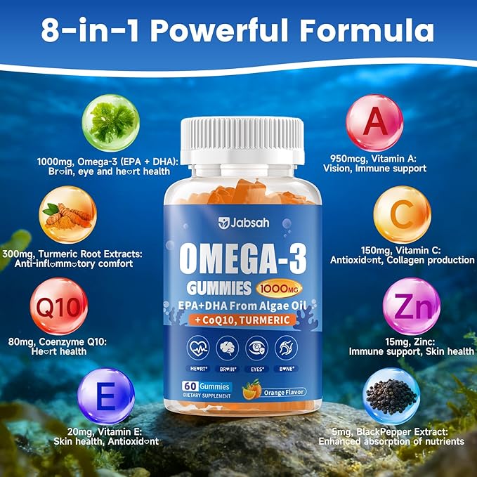 Vegan Omega-3 Gummies 1000mg from Algae Oil (DHA 460mg &amp EPA 230mg) Omega 3 Fish Oil Alternative for Adults Plus Turmeric &amp CoQ10 for Brain Eye &amp Immune Health No Fishy Taste Sugar Fr