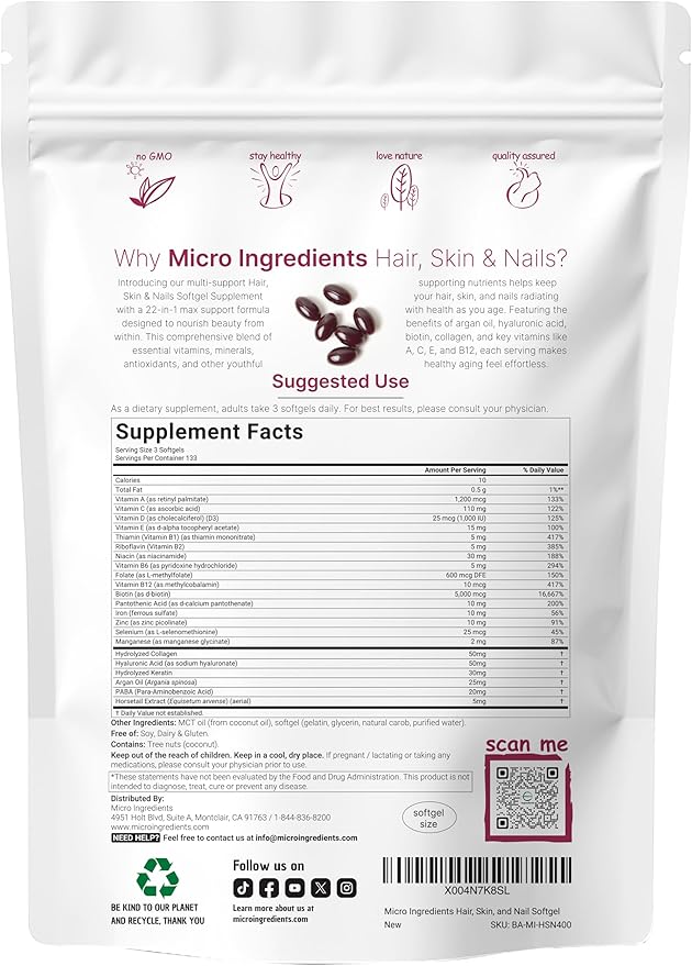 Micro Ingredients Hair Skin and Nails Vitamins for Women &amp Men | 400 Softgels with MCT Oil | 22-in-1 Argan Oil Hyaluronic Acid Collagen Keratin &amp Biotin Complex | Natural Hair Growth Suppor