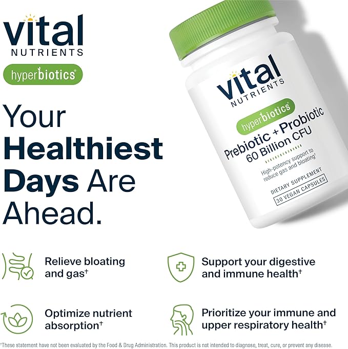 Hyperbiotics Vital Nutrients Prebiotic and Probiotic for Women and Men | 60 Billion CFU | Pre and Probiotics Supports Digestive Health Constipation Diarrhea Gas &amp Bloating* | 30 Vegan Capsules