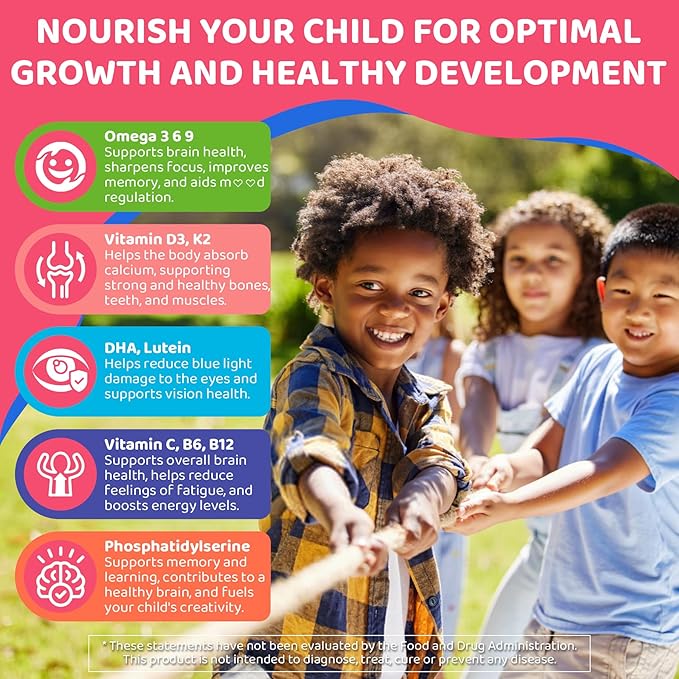 Kids Omega 3 DHA Gummies w/Vitamins D3 K2 C B6 Methyl B12 Luetin &amp PS No Fish Burps No Sugar Brain Eye &amp Immune Support Plant-Based Omega-3 from Algae Vegan DHA for Toddlers Childre