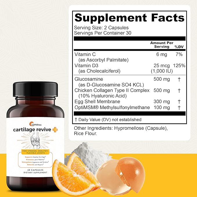 UpWellness Cartilage Revive + Joint Support Supplement for Men and Women - Powered by D-Glucosamine Sulfate MSM Vitamin D3 C and More - 5 Bottles