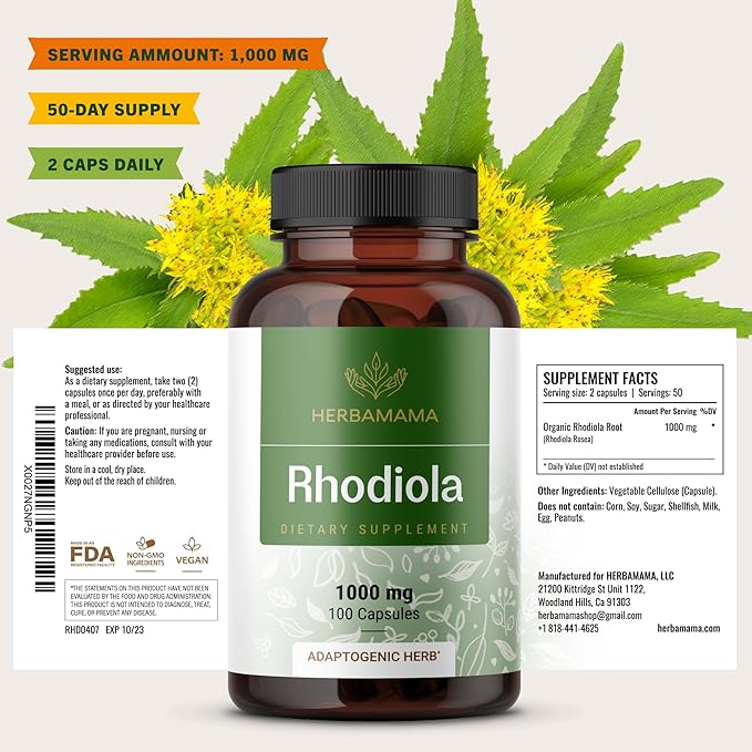 HERBAMAMA Rhodiola Rosea Capsules – Natural Menopause Supplements* for Women – 1000mg Rhodiola Rosea Root Powder per Serving for Women's Relaxation Support – Vegan Non-GMO – 50-Day Supply