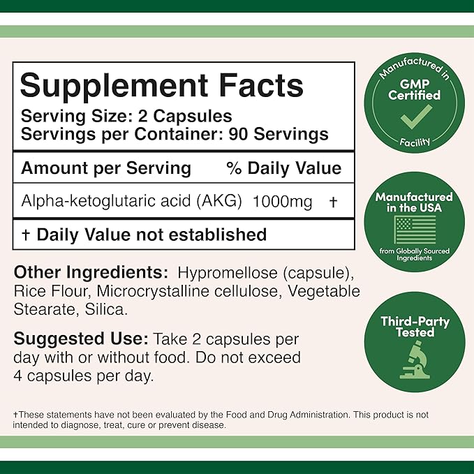 AKG Supplement (Alpha Ketoglutaric Acid) 1000mg Per Serving (180 Capsules) Different and May Be More Effective Than AAKG (Recently Studied for Healthy Aging Properties) Gluten Free by Double Wood