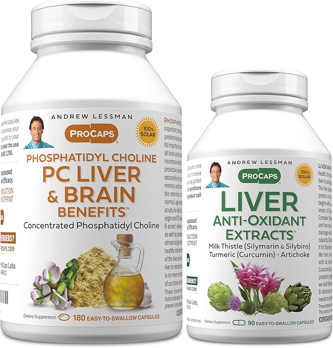 ANDREW LESSMAN PC Liver and Brain Benefits + Liver Anti-Oxidant Extracts Kit: 270 Capsules(180sg+90cp) - Phosphatidyl Choline Milk Thistle Artichoke Curcumin.
