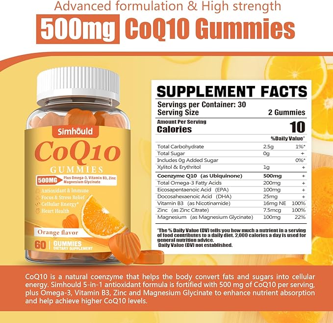 2 Pack CoQ10 500MG Gummies - Plus Omega-3 Magnesium Vitamin B3 &amp Zinc - 3X Better Absorption Coenzyme Q10 Supplements for Heart Health Cellular Energy &amp Antioxidant Non-GMO 120 Counts