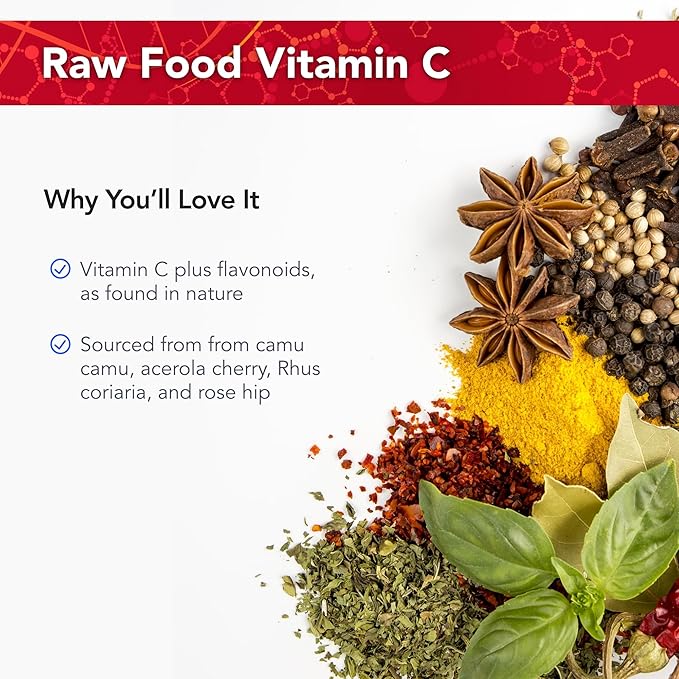 Physician's Strength Power-C - 90 Capsules - Raw Food Vitamin C + Flavonoids from Camu Camu Acerola Cherry Rhus coriaria &amp Rose Hip - Kosher - 30 Servings
