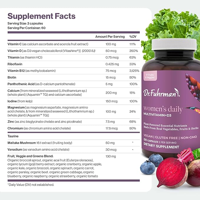 Dr. Fuhrman 2 Month Supply Multivitamin for Women + D3 Vitamin for Immune Support | Vegan Formula Womens Multivitamin with B12 &amp Zinc | Whole Food multivitamin with 17 Fruits &amp Veggies | Non G