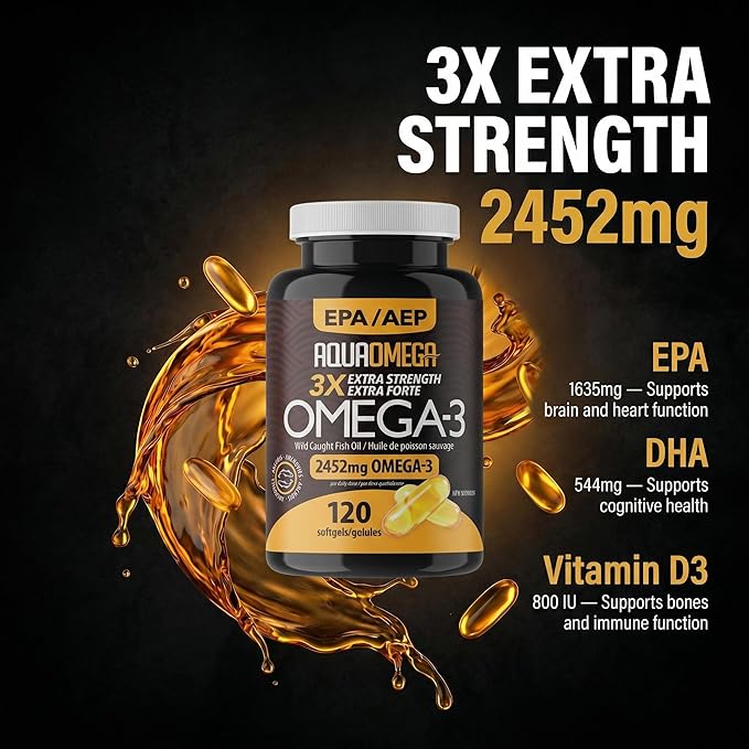 AQUAOMEGA 3X Extra Strength Omega-3 Fish Oil for Heart Brain &amp Immune Support 1636mg EPA 544mg DHA + Vitamin D3 Full Natural Triglyceride Form Wild Caught IFOS 5-Star Certified (120 Softgels