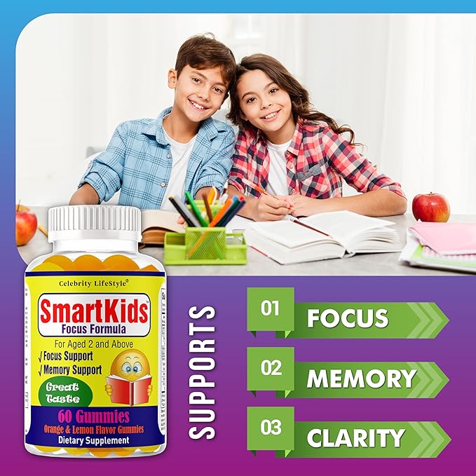 Smart Kids Focus Gummies with Omega 3 6 9 DHA Brain Support Teen Vitamin Kids Focus and Attention Supplements Vegetarian Memory Supplement for Brain Orange Flavor 60 Gummies