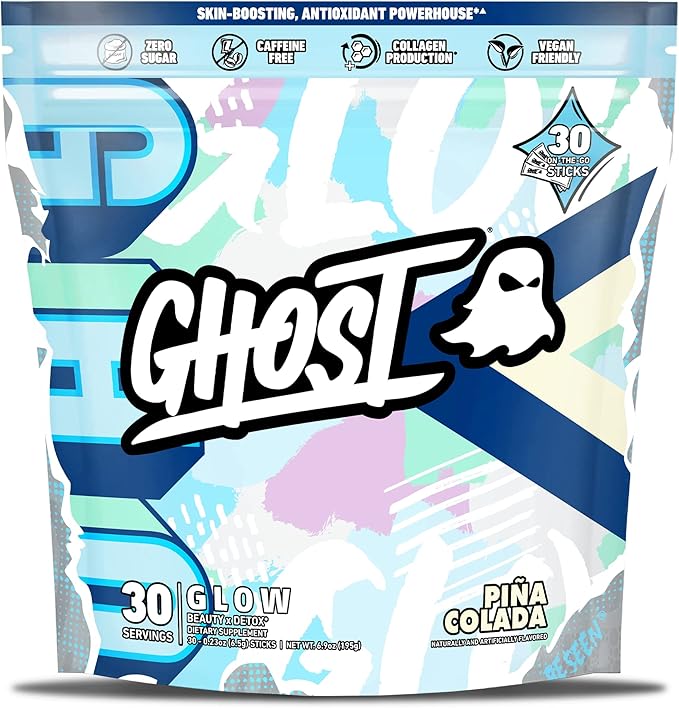 GHOST Glow Sticks: Beauty and Detox Supplement - 30 On-The-Go Stick Packs Pina Colada - Hyaluronic Acid Biotin &amp L-Theanine for Skin-Boosting Support – Sugar Free Gluten Free