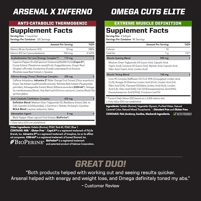 PMD Sports Six Week Inferno Stack - Maximum Strength Fat Burner and CLA Omega Fatty Acid to Lose Fat Fast and Increase Muscle Tone - Arsenal X Inferno/120 Liquid Gels Omega Cuts Elite/180 Softgels