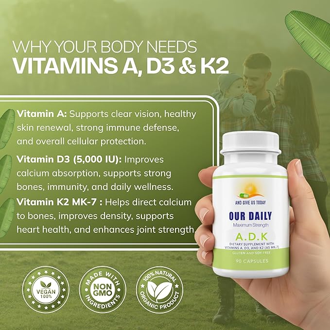 Daily Vites ADK Vitamin Supplement 5000 IU 90 Capsules - 3 Months Supply - High Potency Vitamin A D3 &amp K2 (MK-7) - Physician Formulated ADK for Bone Heart &amp Immune Support - Non-GMO Glute