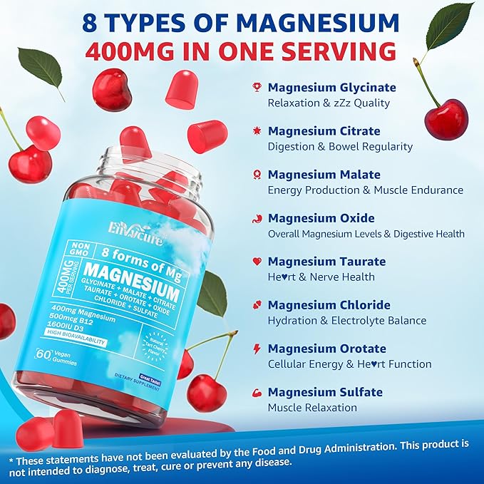 Magnesium Complex Gummies 400mg | as 8 Forms of Magnesium Glycinate Malate Citrate Taurate Oxide &amp More | w/Ashwagandha Extract D3 &amp B12 Supports for Calm Zzz Mood - Vegan 60Cts