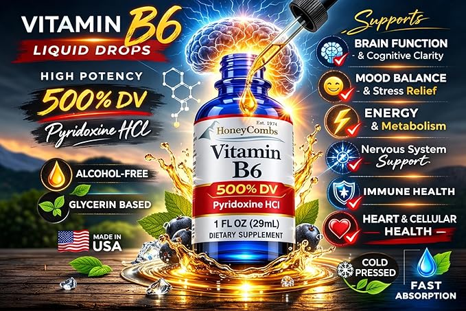 Vitamin B6 Liquid Drops 500% DV Pyridoxine B6 Supplement Alcohol Free Fast Absorbing B6 Vitamins for Energy Brain &amp Immune Support Made in the USA
